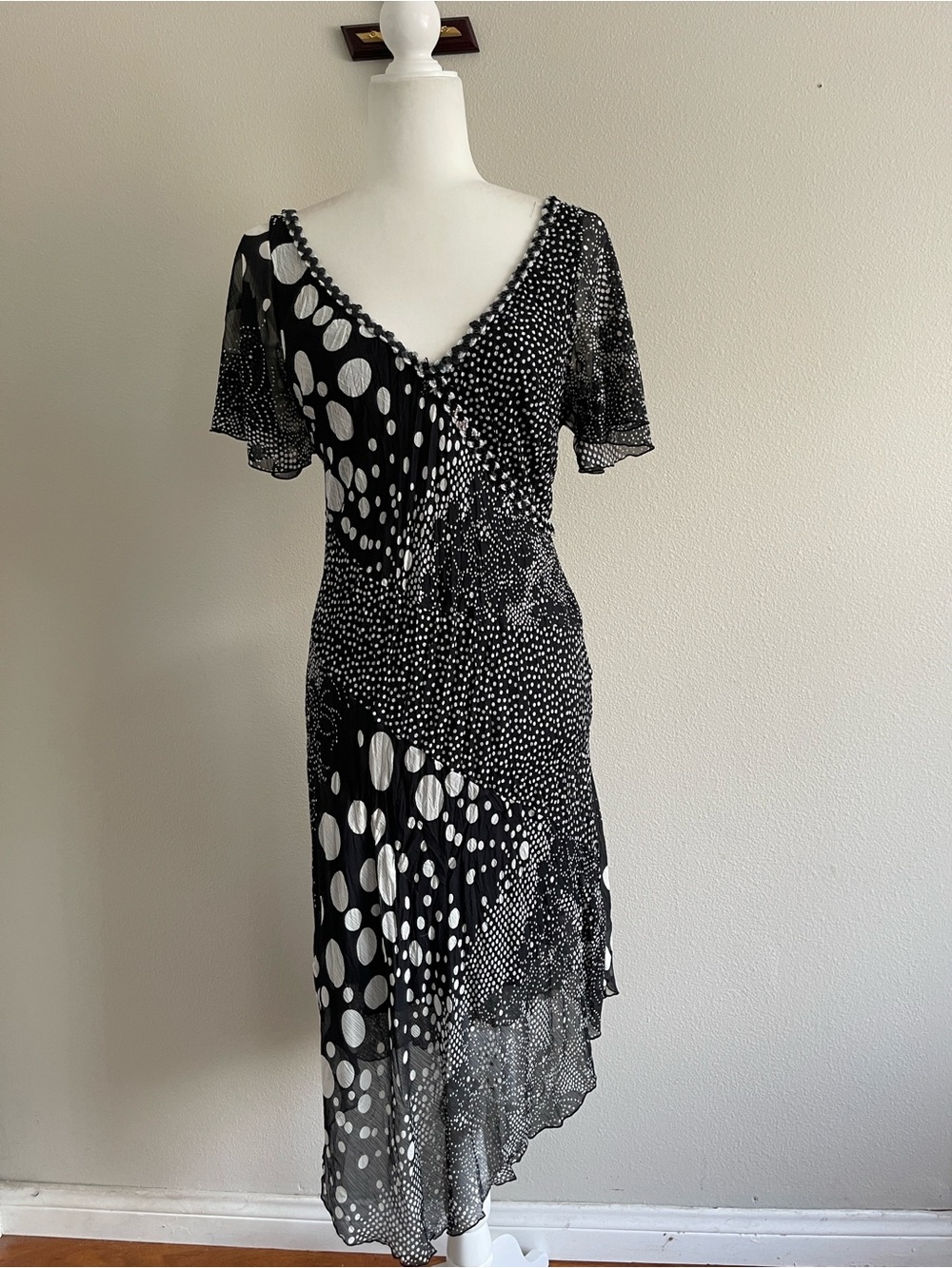 Asymmetrical Black & White Polka Dot Wrap Dress